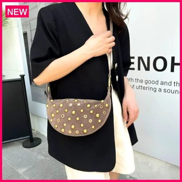 Studded Faux Suede Hobo Bag Adjustable Strap Zippered Pocket 11x6 Inches - Picture 3 of 8